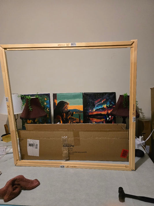 Stretcher bar fully assembled for canvas framing with artwork behind it