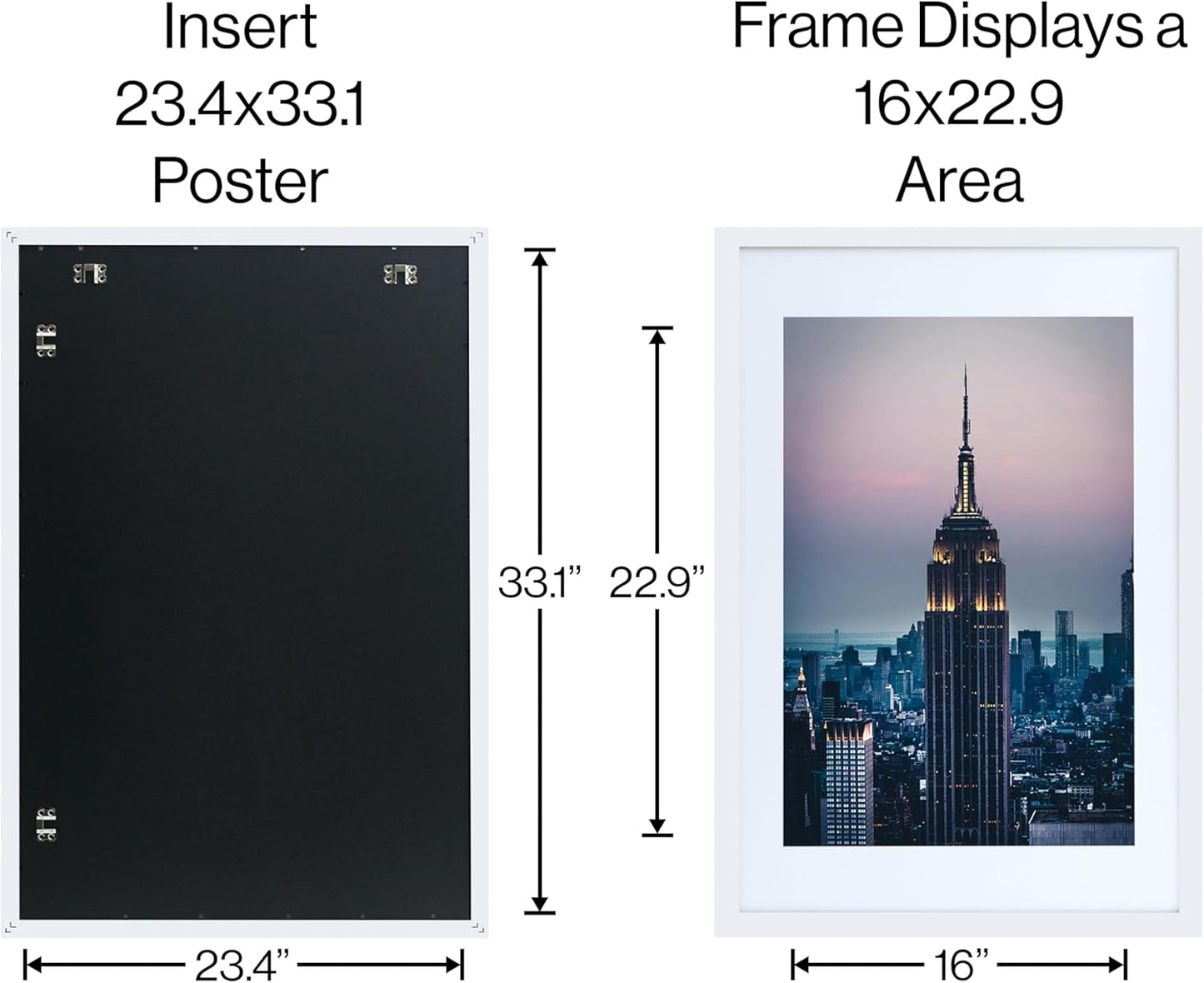 Poster frame size chart showing insert dimensions for 23.4 x 33.1 inches and overall display size of 16 x 22.9 inch