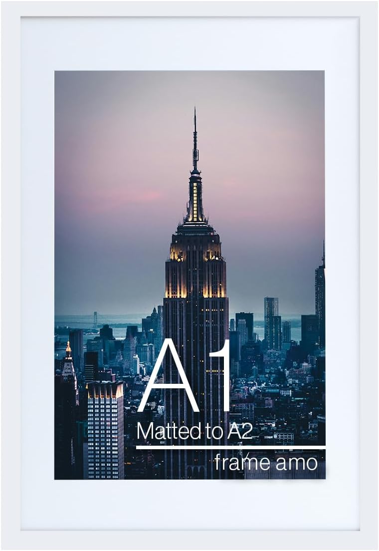 White picture frame displaying Empire State Building poster with white matting, labeled A1 size matted to A2.