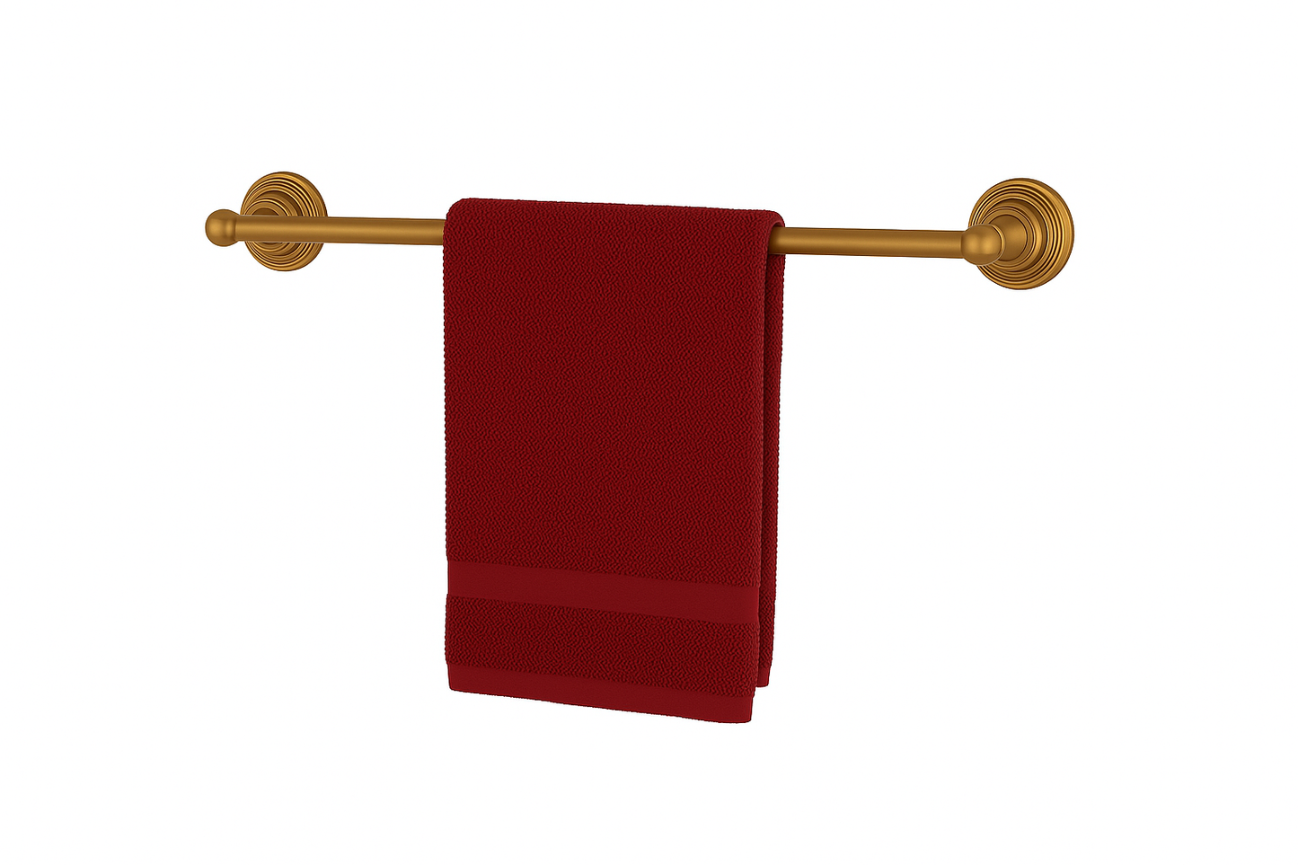 24“Brushed bronze single towel bar holding a burgundy towel on a white background