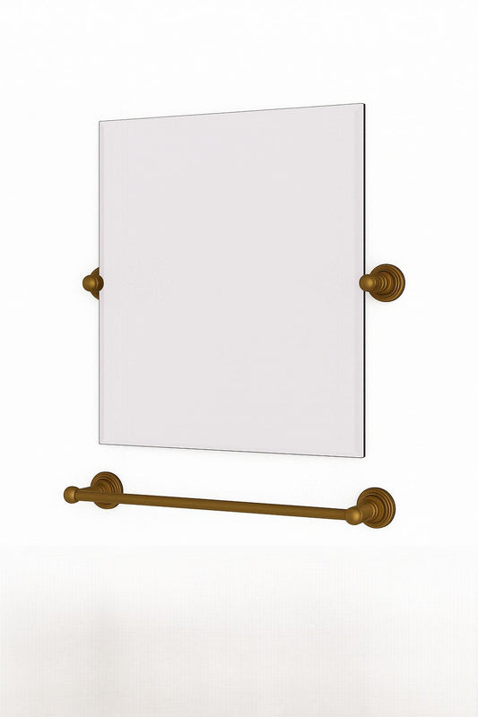 Allied Brass 26"x21 "Rectangular frameless beveled-edge tilt mirror with brushed bronze hardware paired with a 24" brushed bronze single towel bar on white background displaying the hardware