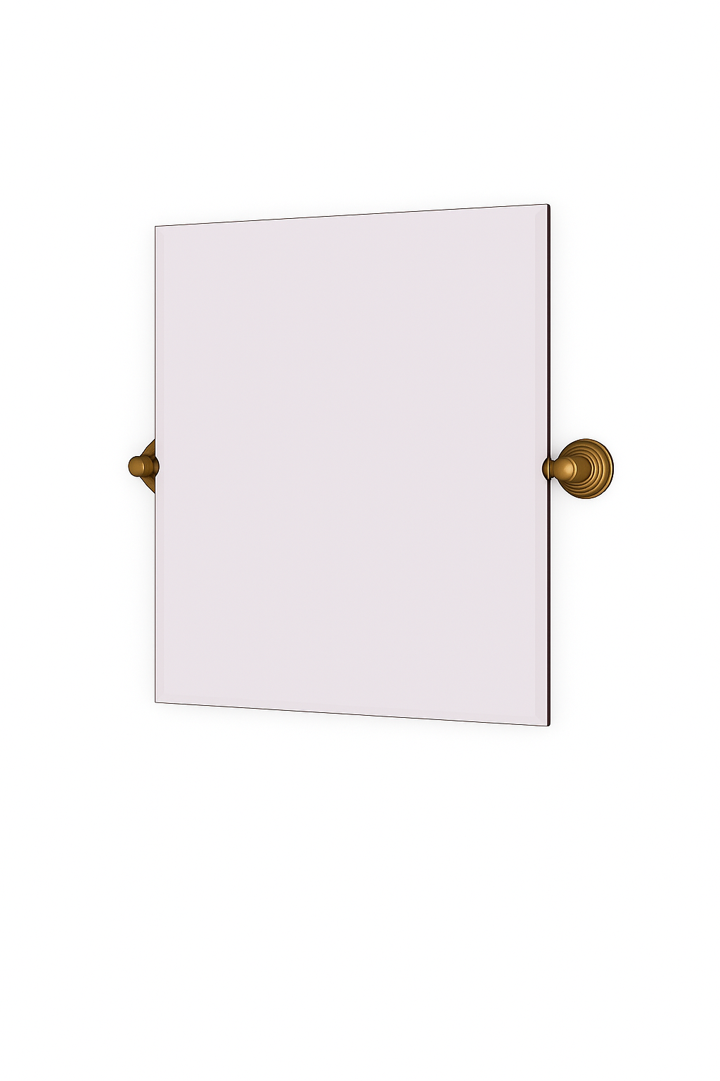 26"x21"Rectangular frameless beveled-edge tilt mirror with brushed bronze hardware on a white background.”