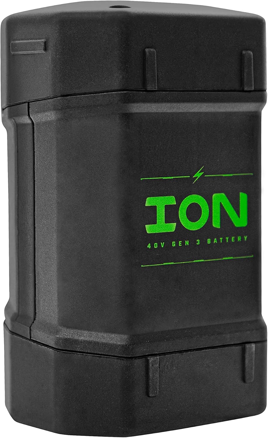 Black ION 4Ah Gen 3 40V MAX lithium-ion battery shown upright with green branding