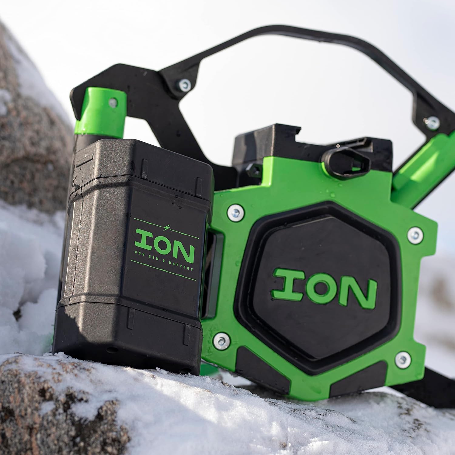 ION 4Ah battery installed in Gen 3 Alpha ice auger during outdoor snow use