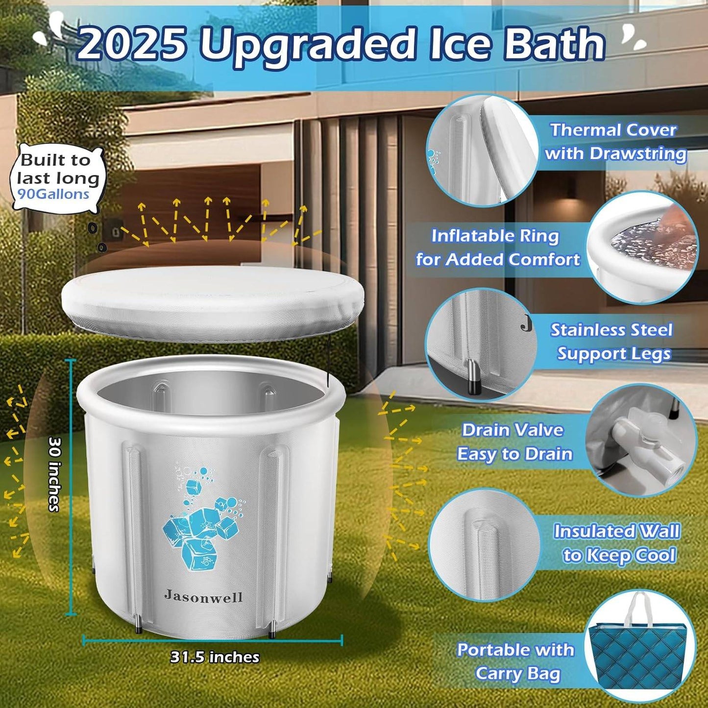 Upgraded 2025 Jasonwell ice bath showing reinforced legs, insulated walls, thermal cover, drain valve, and inflatable rim