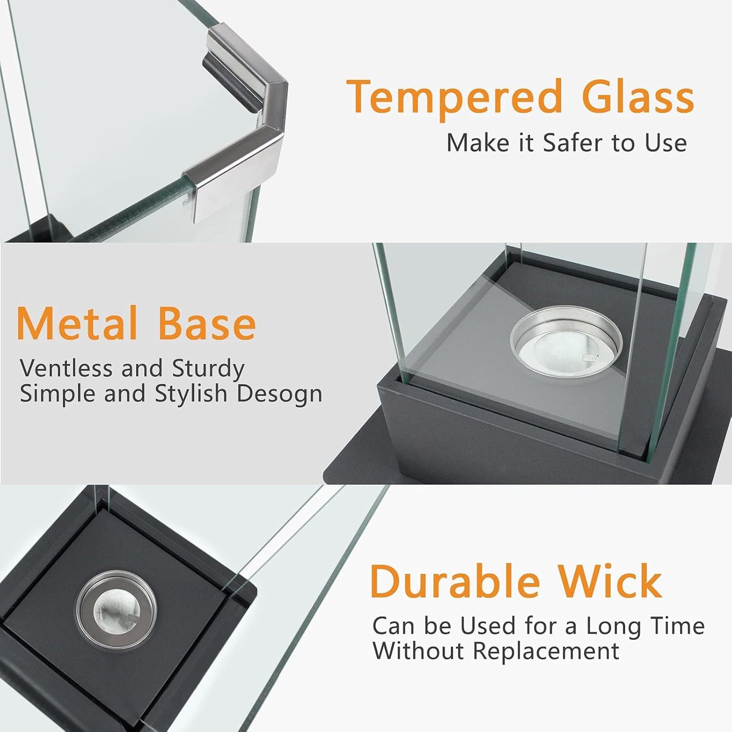 Close-up of tabletop fireplace components featuring tempered glass, metal base, and durable wick