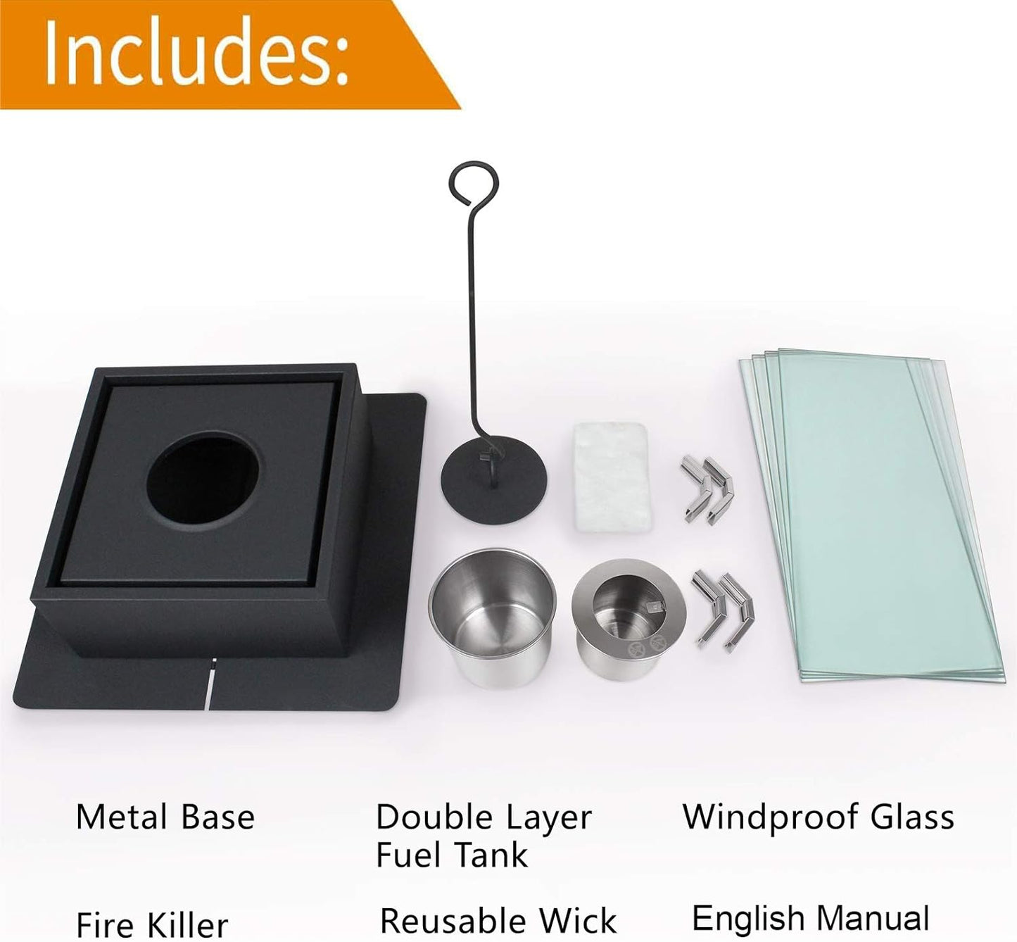 Package includes metal base, dual-layer wick, tempered glass, and user manual