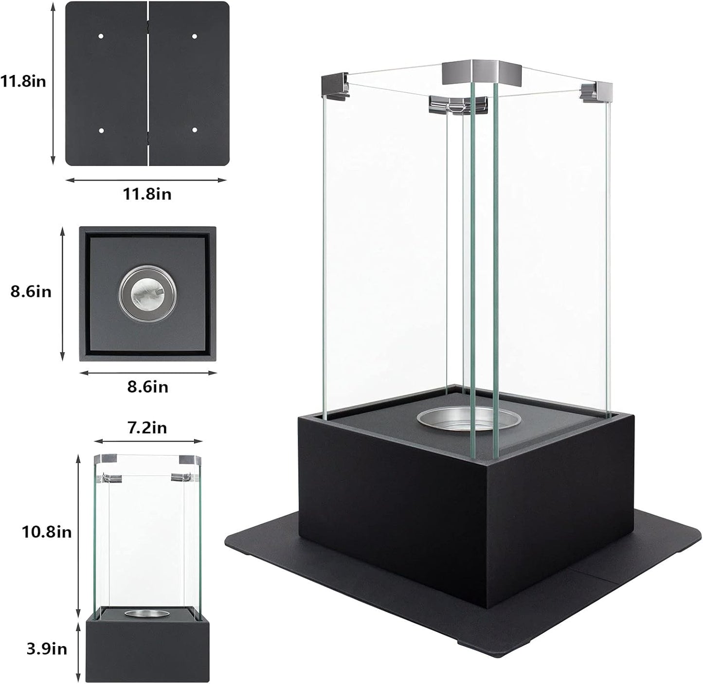 Dimensions and components of the tabletop fireplace including base, glass walls, and wick system