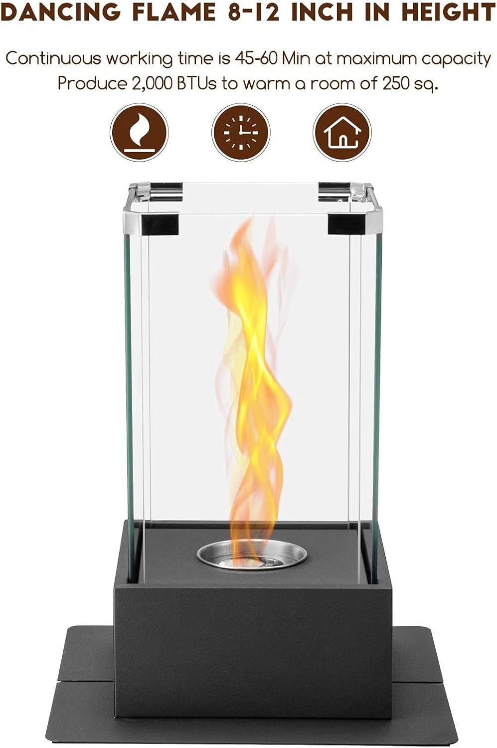 Tabletop fireplace with 8–12 inch dancing flame and 2,000 BTU heat output for rooms up to 250 sq. ft.