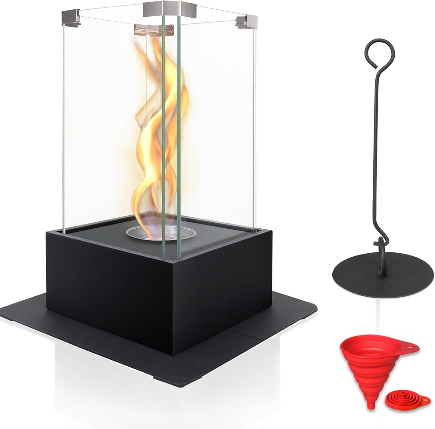 Tabletop fireplace with tempered glass housing, metal base, fuel cup, and funnel