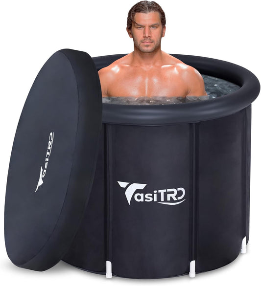 Athletic man in black TasiTRD ice bath tub for cold therapy and recovery