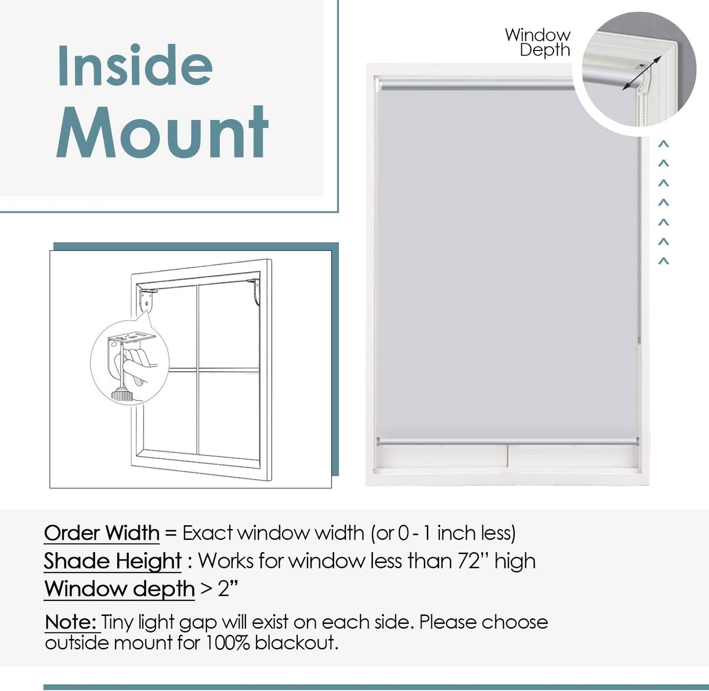 Inside mount installation guide showing measurement instructions for roller shades