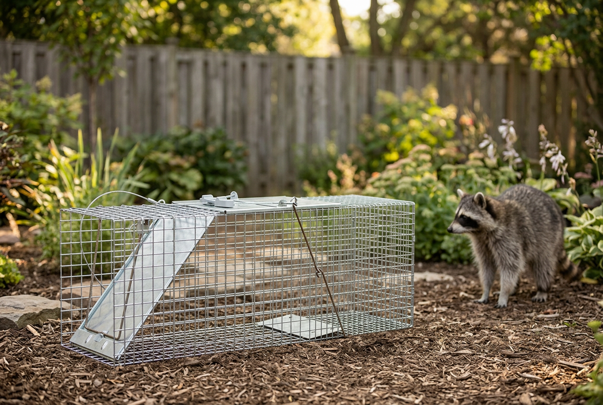 Empty Havahart trap with a raccoon standing nearby in a backyard