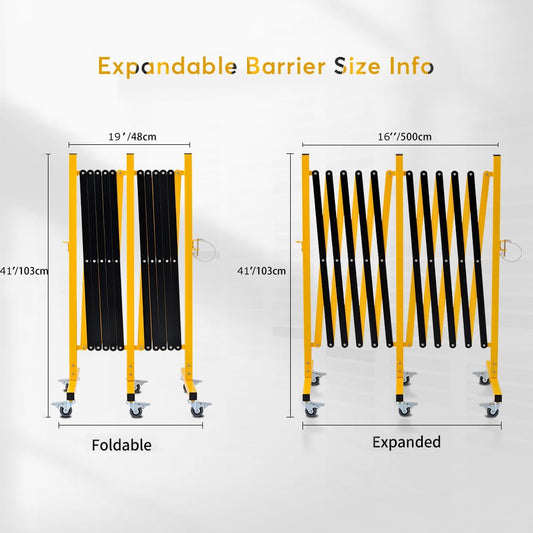 Expandable barrier size guide showing folded and extended dimensions