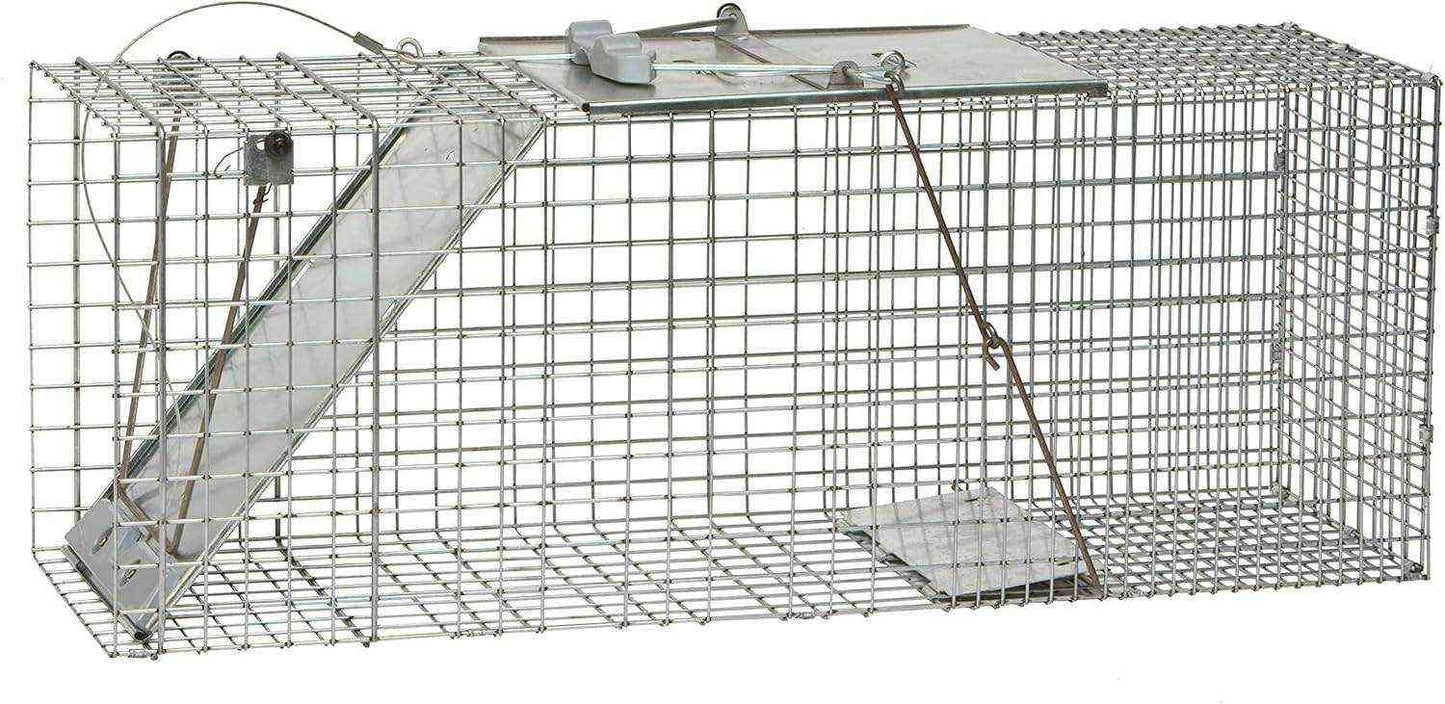 Side profile of Havahart 1085 humane live animal trap with spring-loaded door