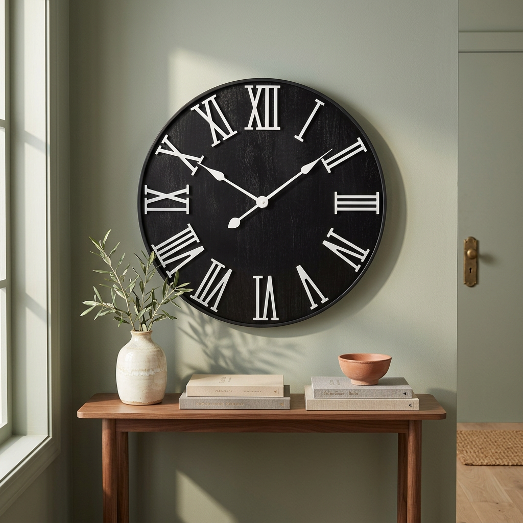 HB Design Co. wall clock in an elegant sage-green entryway