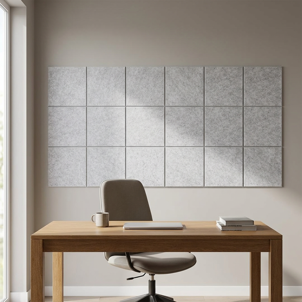 Staged silver-gray acoustic wall tiles above a home-office desk