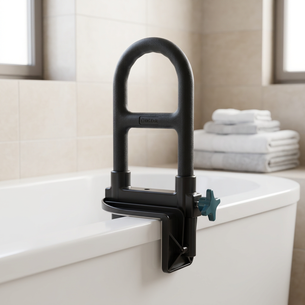 Staged image of black tub grab bar on a white bathtub