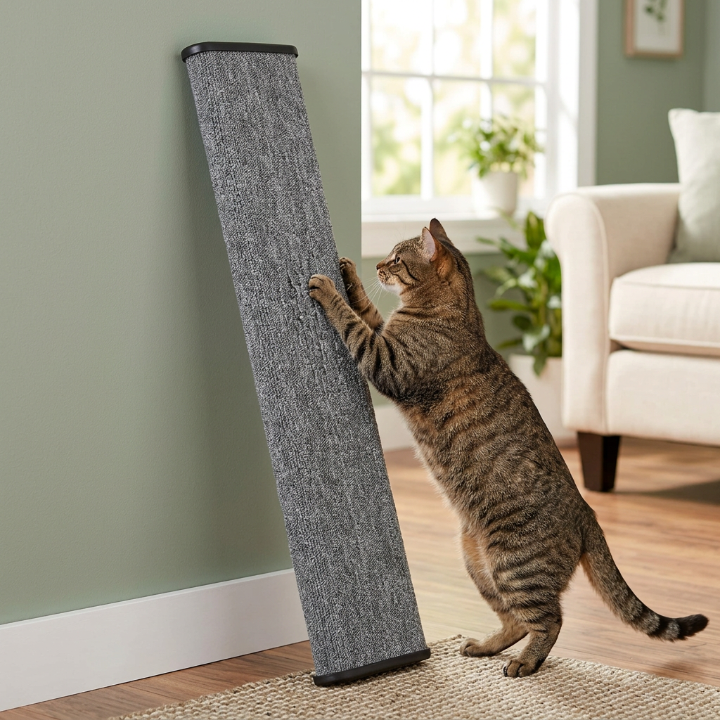 Omega Paw Lean-It scratching post being used by a tabby cat