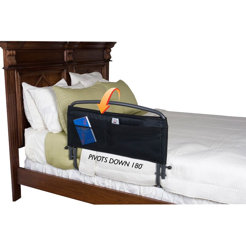 Stander 30 inch bed rail with organizer pouch, shown pivoting down