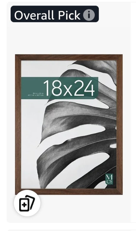 Wooden picture frame with '18x24' label and monstera leaf design on a white background