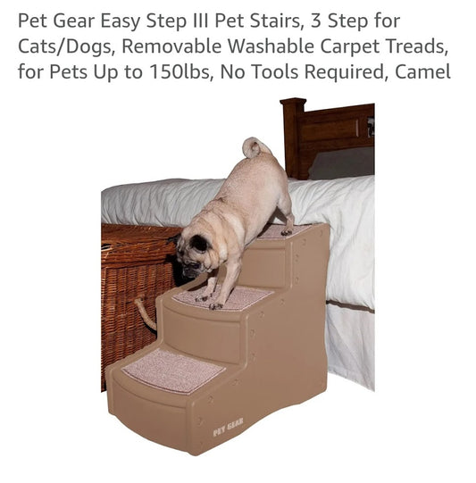 Pet Gear Easy Step III Pet Stairs being used by a dog to climb onto a bed.