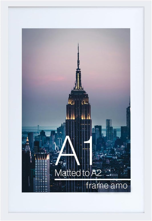 White picture frame displaying Empire State Building poster with white matting, labeled A1 size matted to A2.