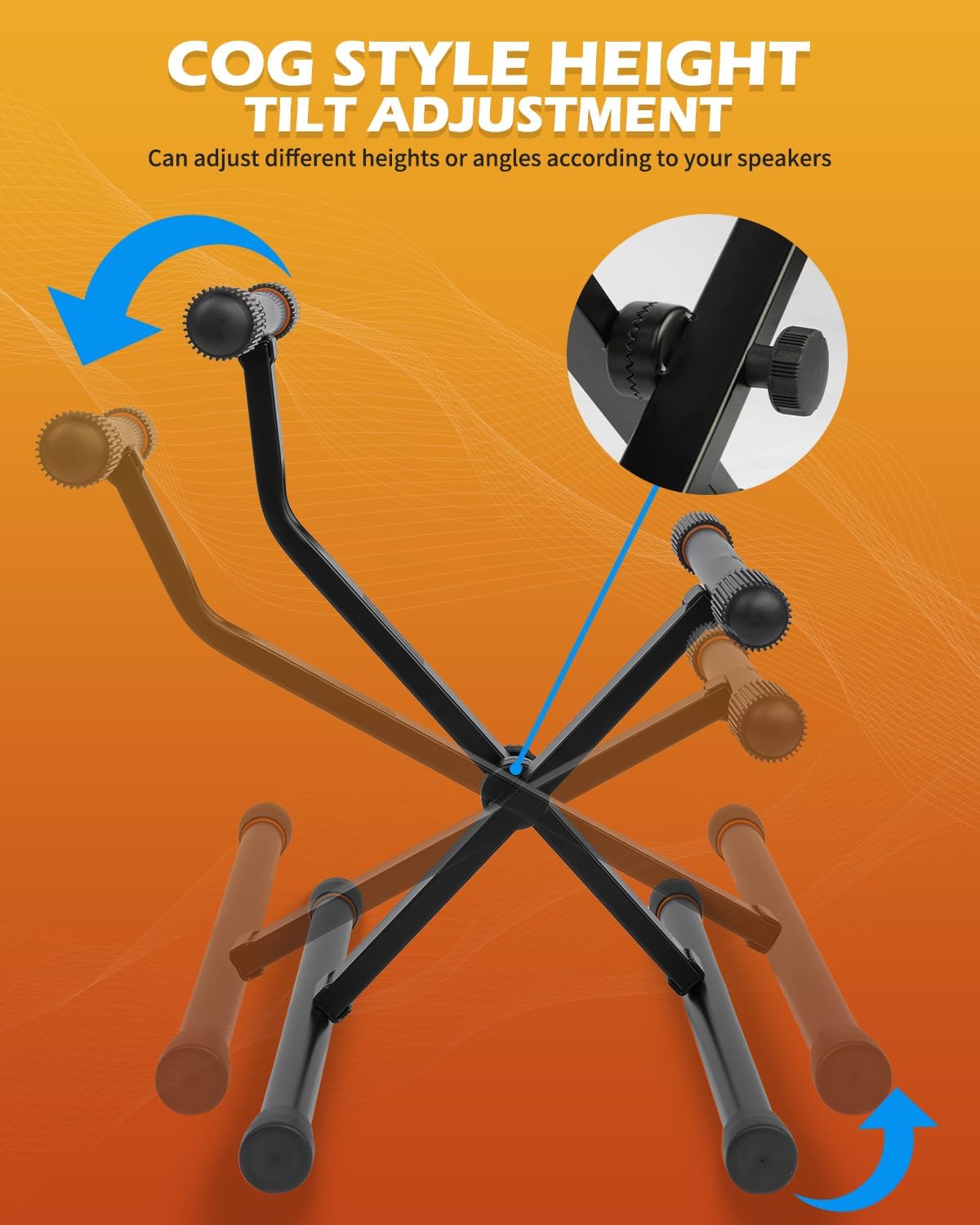 Center of gravity style height adjustment shown with amp stand in multiple angled positions