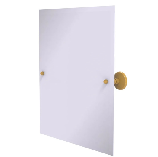 Frameless rectangular tilt mirror (26×21″) with beveled edge and Spanish Gold hardware on a white background