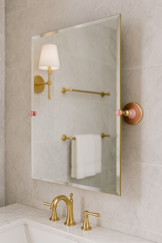 Beautifully staged rectangle frameless mirror with beveled edges and blush-toned pink hardware, set against a luxury bathroom backdrop with soft lighting and upscale finishes