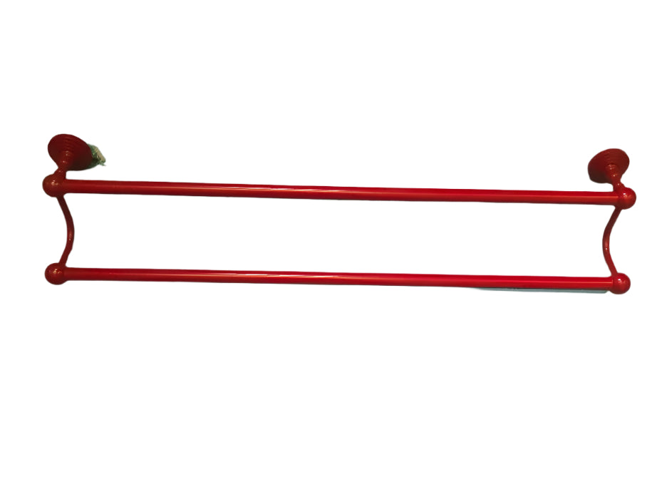 Fire engine red double towel bar mounted on a wall, featuring two parallel brass bars with curved supports