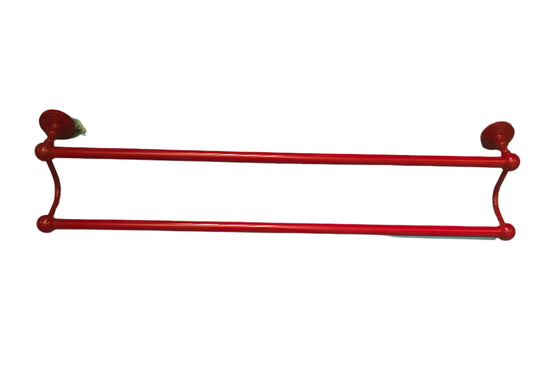 Fire engine red double towel bar mounted on a wall, featuring two parallel brass bars with curved supports