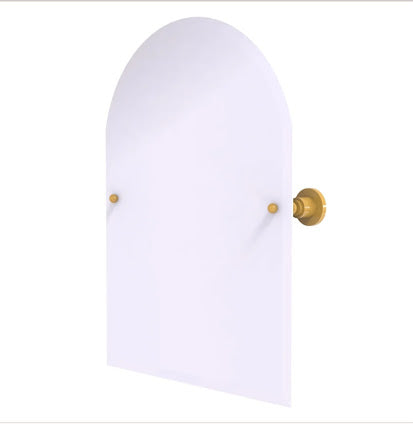 Image 1 Allied Brass arch tilt mirror, frameless beveled edge, Spanish Gold finish, 29×21 inches, mounted on white wall