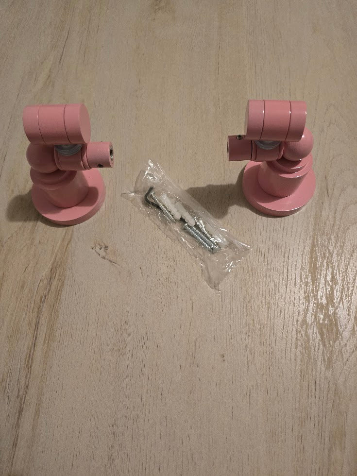 Pink hardware for rectangle tilt beveled edge mirror, close‑up showing screws and installation tool