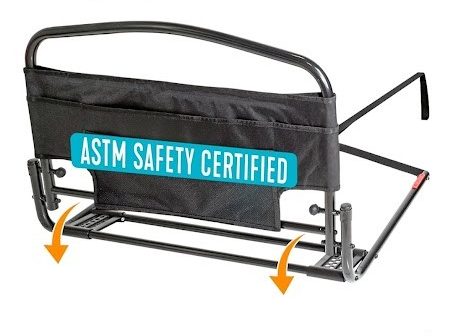 Black safety seat with ASTM Safety Certified label on a white background