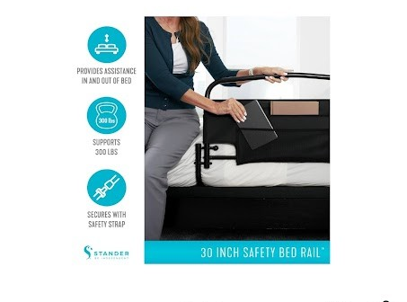 Person using a 30-inch safety bed rail with product features listed on the left.