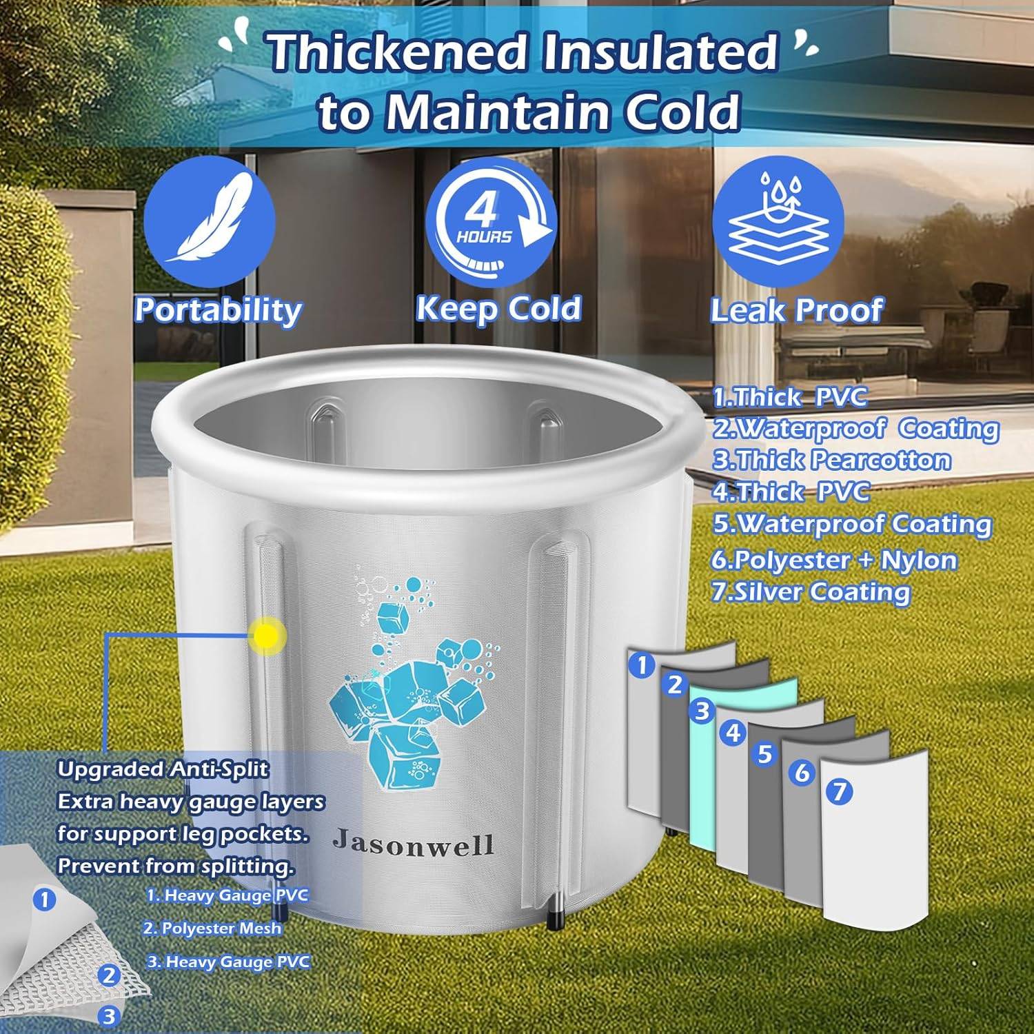 Jasonwell ice bath tub with exploded insulation layers, highlighting waterproof and cold-retaining materials with portability and leak-proof design