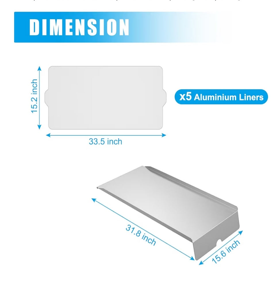 Dimensions of X5 aluminum liners and the tray with clear and blue labels on a white background