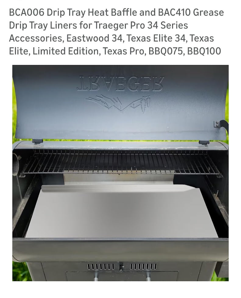 Grill displayed with drip tray baffle and grease drip tray liners