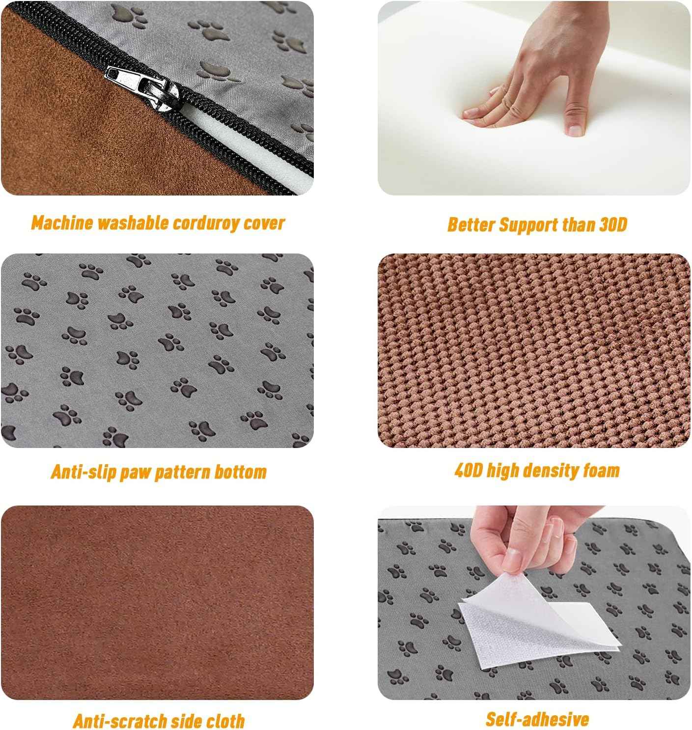 Dog climbing foam pet stairs with icons showing anti-slip, washable, and portable features