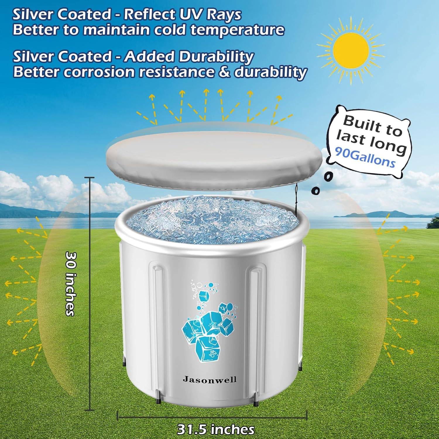 Dimensions and sun resistance features of Jasonwell ice bath tub, showing 30-inch height and 31.5-inch width with 90-gallon capacity