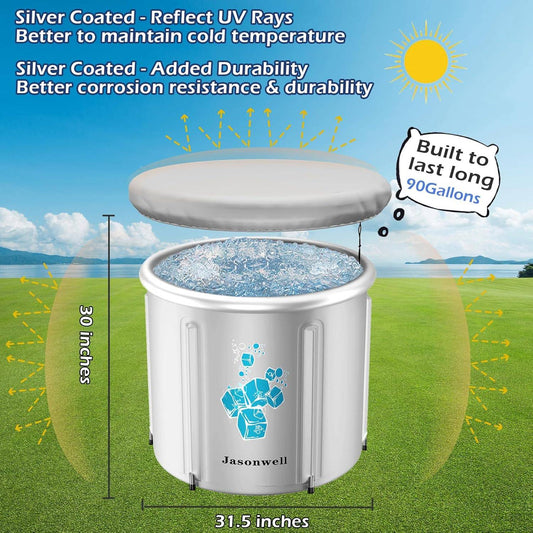 Dimensions and sun resistance features of Jasonwell ice bath tub, showing 30-inch height and 31.5-inch width with 90-gallon capacity