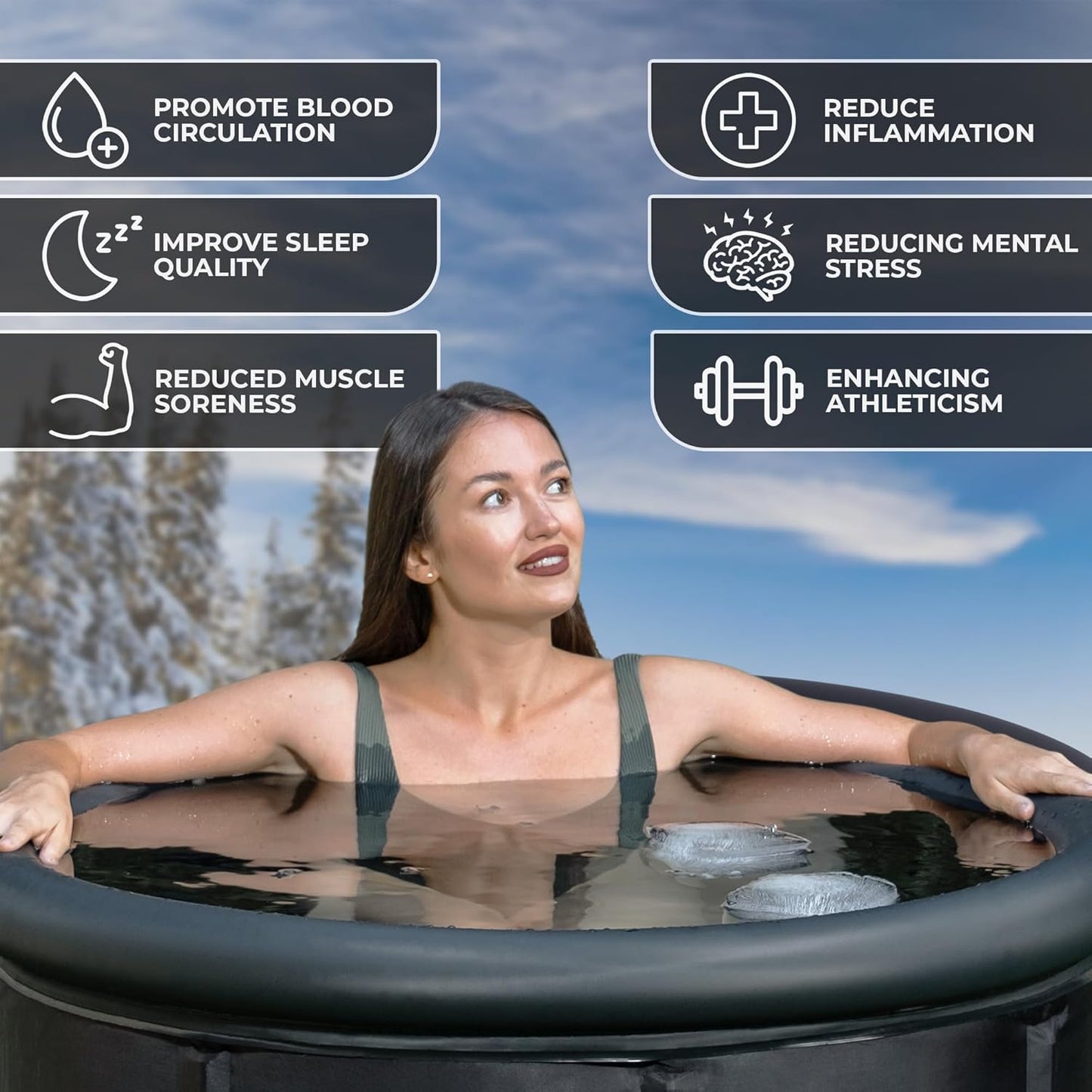 TasiTRD ice bath tub benefits infographic showing recovery, reduced inflammation, and improved wellness