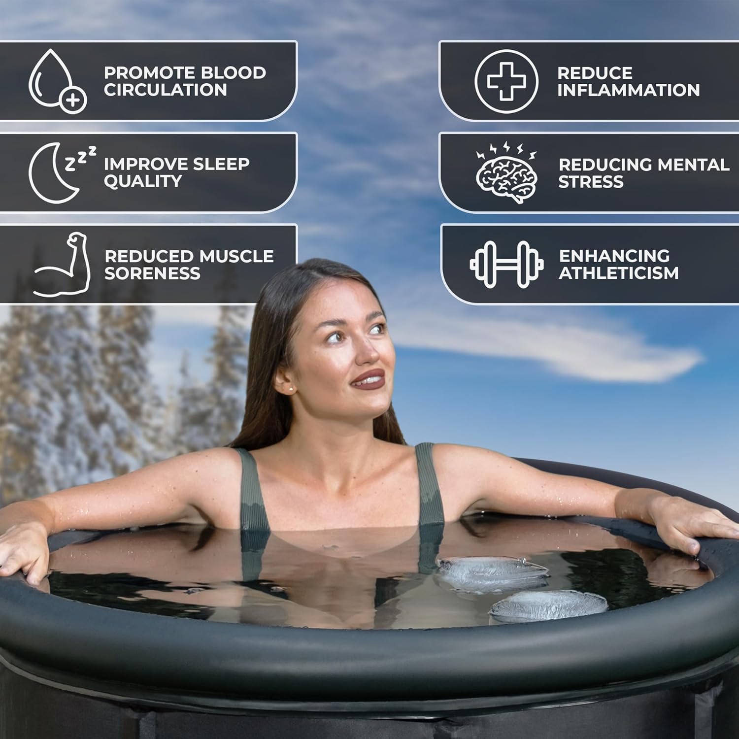 TasiTRD ice bath tub benefits infographic showing recovery, reduced inflammation, and improved wellness