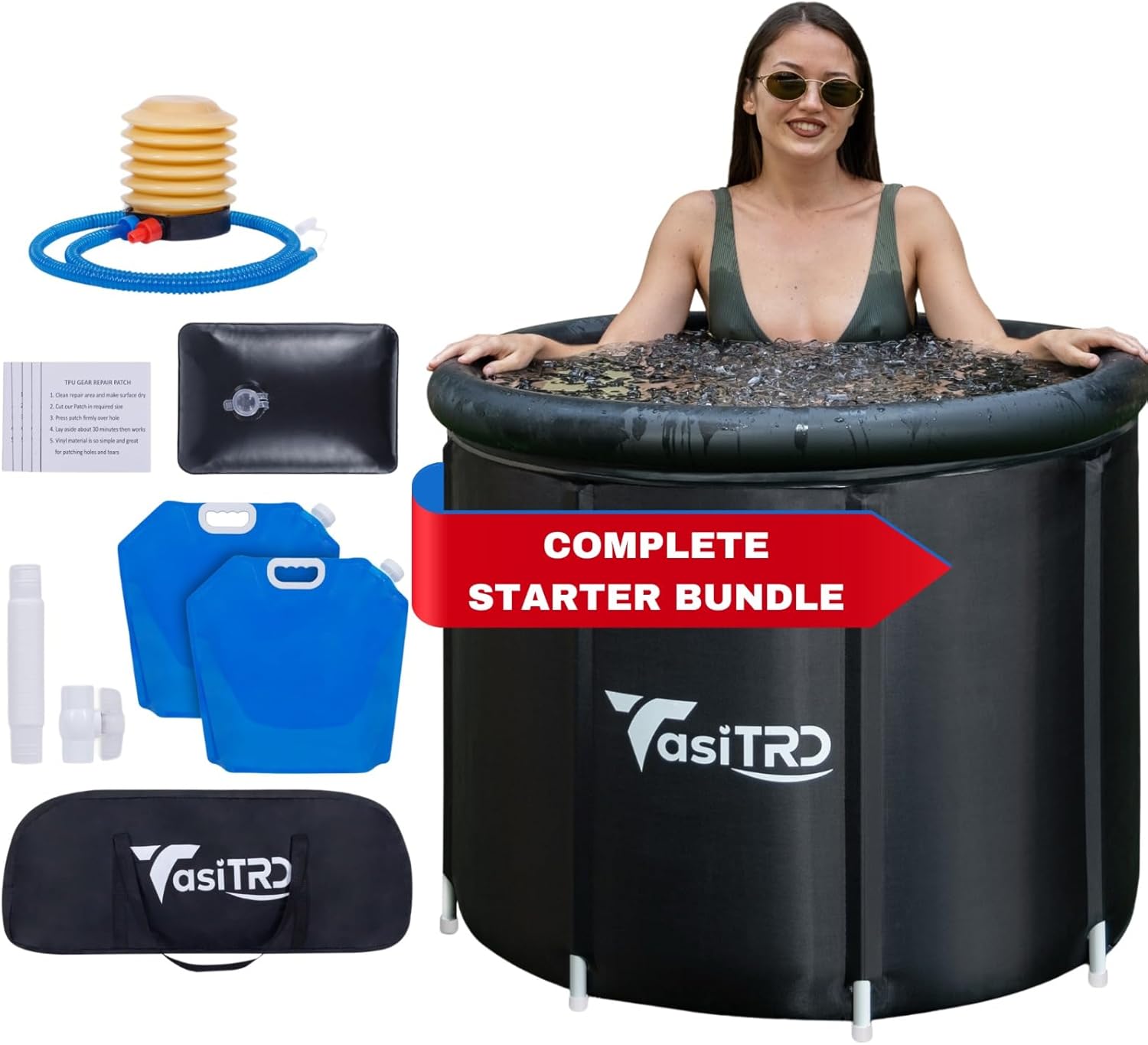 TasiTRD cold plunge starter bundle with included accessories and woman in tub