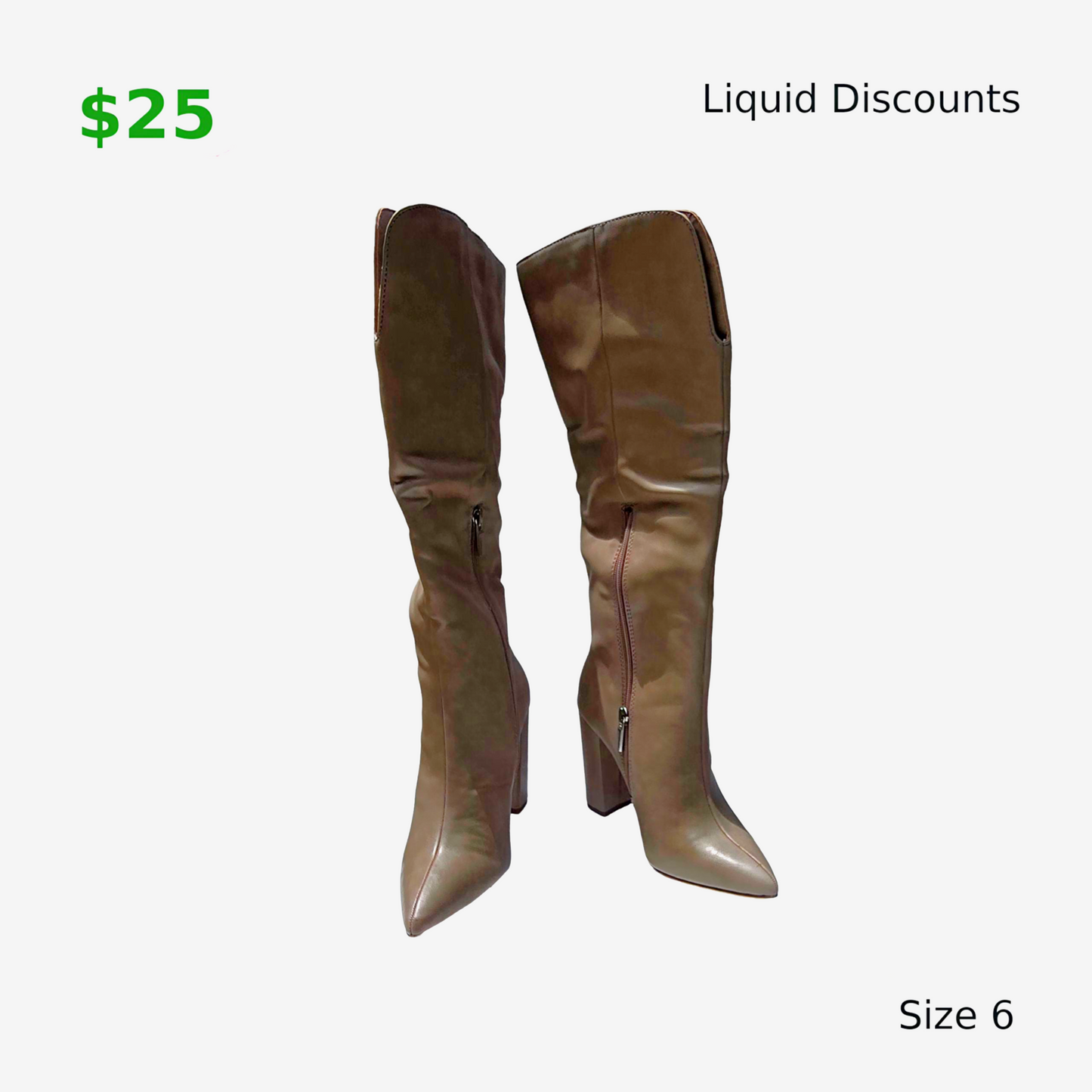 Pair of tan knee-high boots with a price tag of $25 and text 'Liquid Discounts' on a white background.