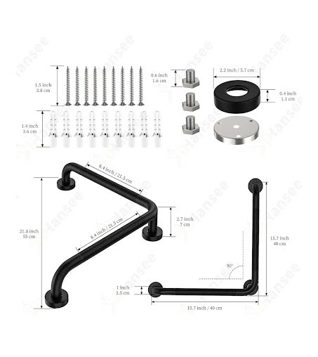 L-Shape grab bar with hardware components and measurements on a white background