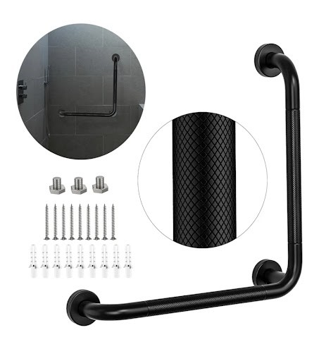 Black grab bar with mounting hardware on a white background detailing the design