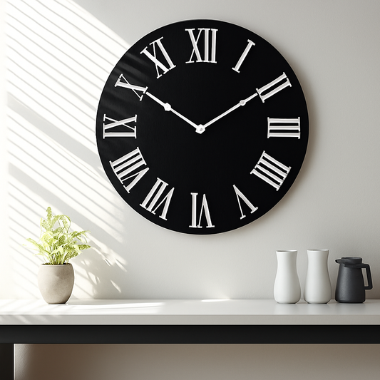 Luxury black wall clock with white Roman numbers, staged in a modern farmhouse entryway for upscale decor appeal"