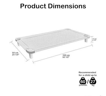 Measurement chart of a nap cot with dimensions and weight recommendation